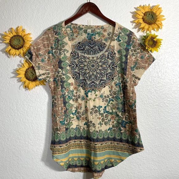 One World Live And Let Live Sublimation Short Sleeve Boho Blouse Sz XL Women’s - Picture 1 of 9